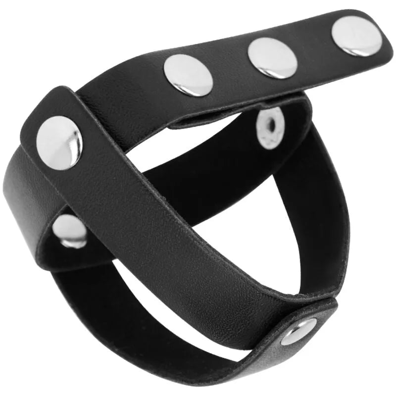 Cage en cuir noir pour testicules avec détails en acier inoxydable, sans nickel, pour fétichisme, confort et sécurité.