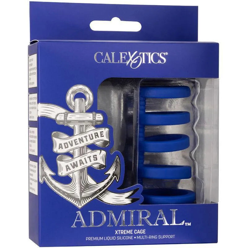 Cage pénienne bleue en silicone liquide avec multiples anneaux, dans une boîte bleue avec ancre et logo Admiral.