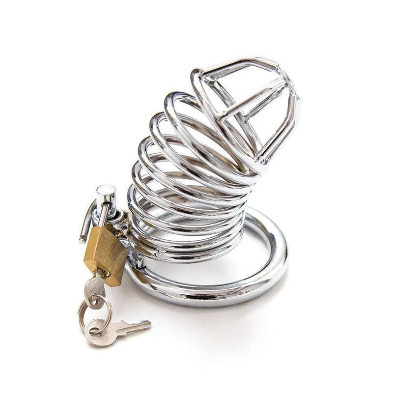 Cage à pénis en métal argenté hypoallergénique Ohmama avec serrure et clés, design spiralé sécurisé.