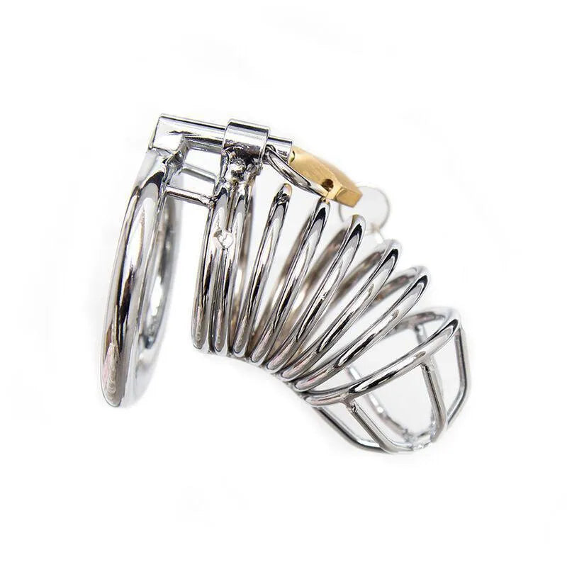 Cage à pénis en métal argenté hypoallergénique Ohmama, design spiralé, serrure dorée, sécurité et confort.