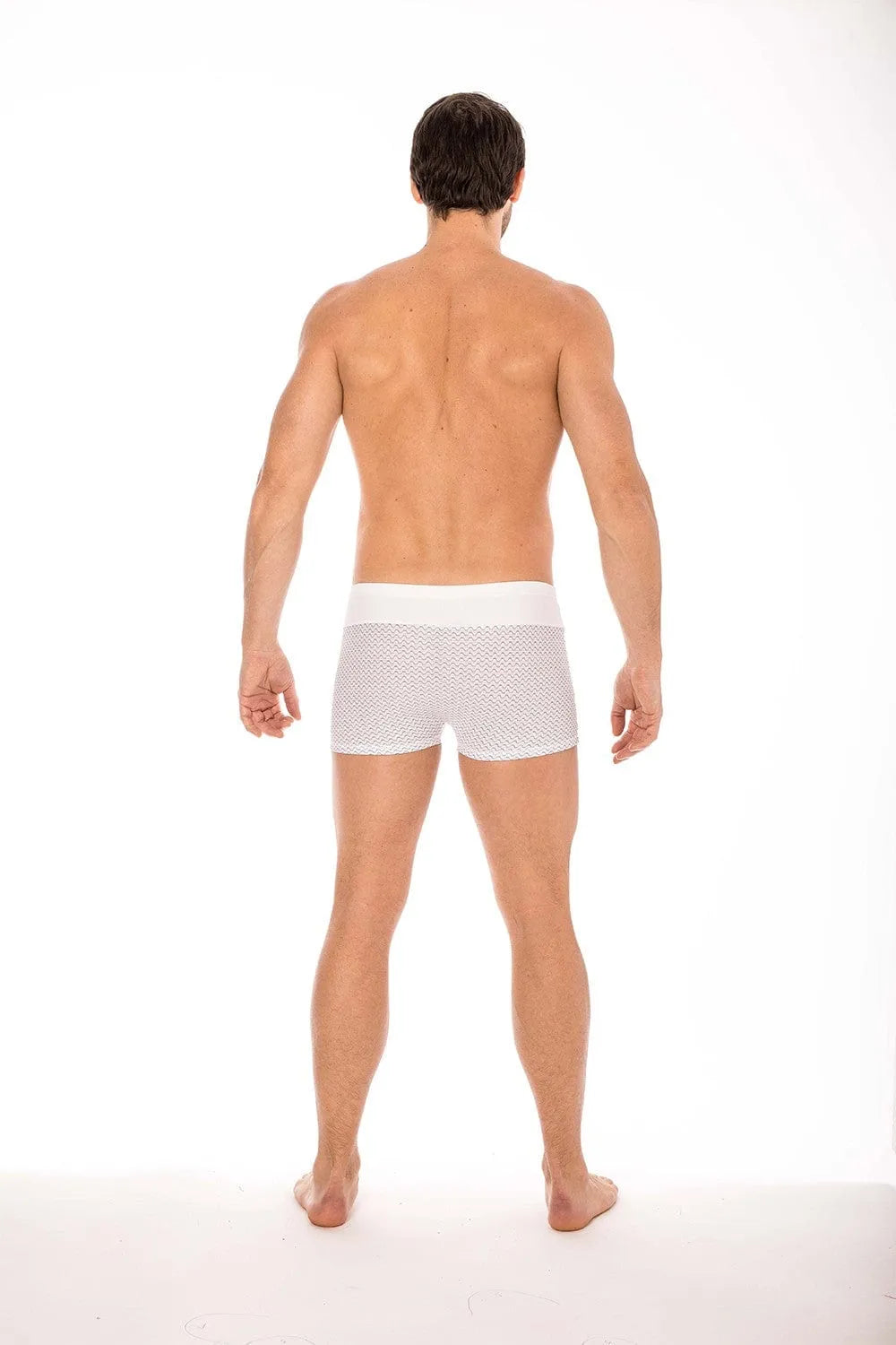 Caleçon homme blanc LOOKME, ceinture large, motifs géométriques noirs, confort optimal, style tendance et sexy.