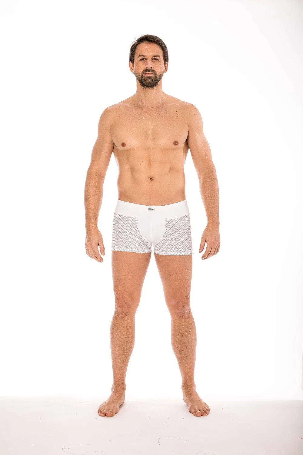 Caleçon Homme Sexy blanc avec ceinture large, motifs géométriques noirs, confort optimal, collection Classic de LOOKME.