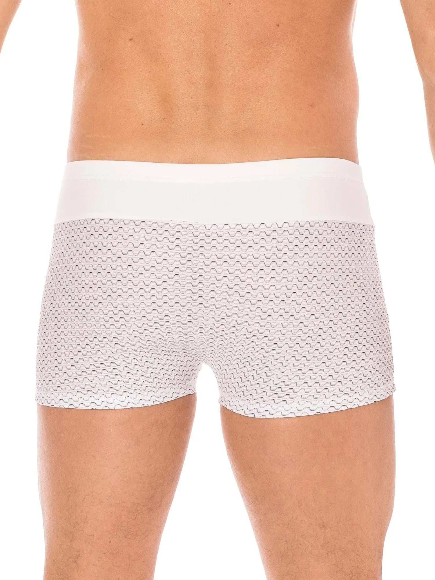Boxer homme blanc LOOKME, ceinture large, motifs géométriques noirs, confortable, 80% polyamide, 20% spandex.