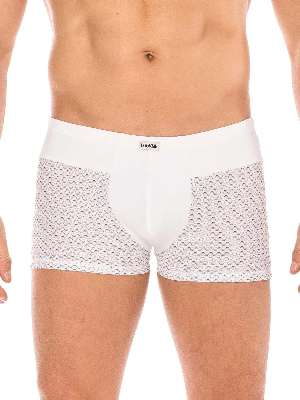 Boxer blanc homme avec ceinture large, motifs géométriques noirs, collection Classic LOOKME, confortable et respirant.