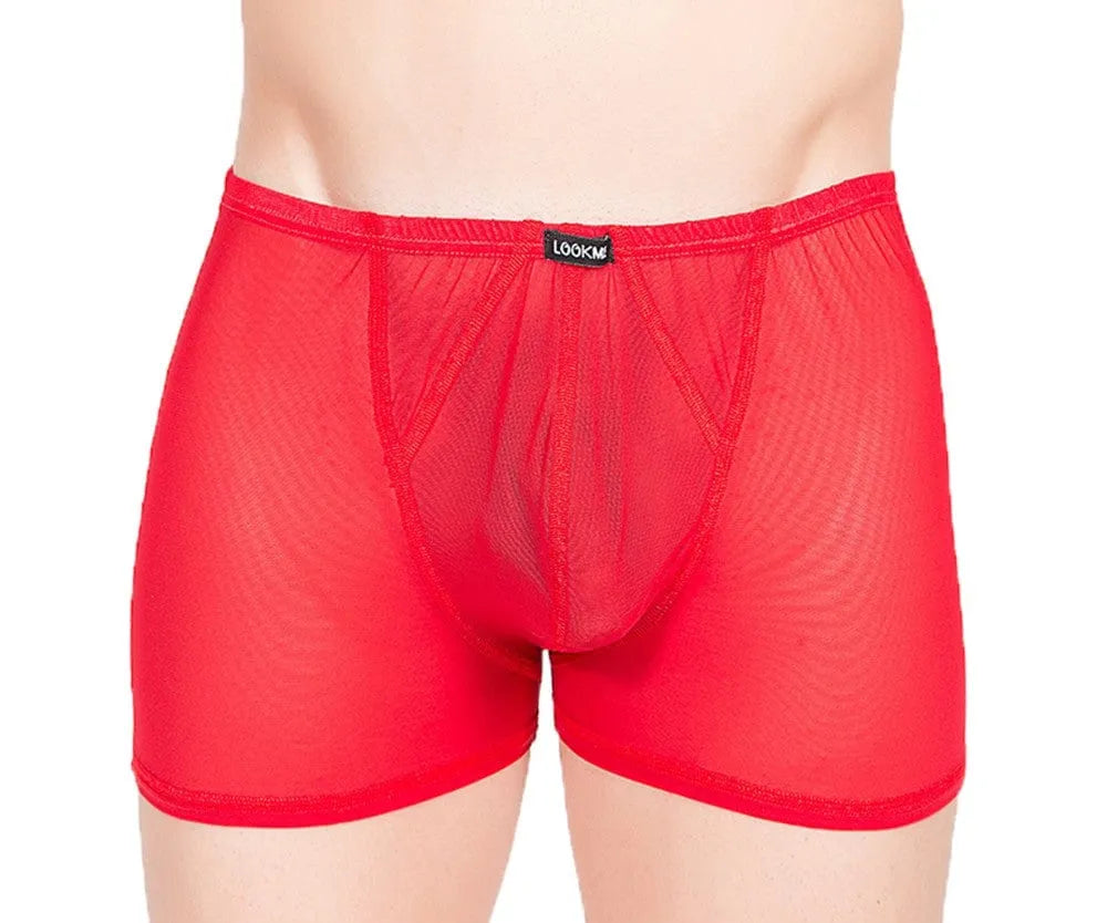 Caleçon homme rouge transparent en résille fine, collection Malibu, sexy et confortable, 80% polyamide, 20% élasthane.