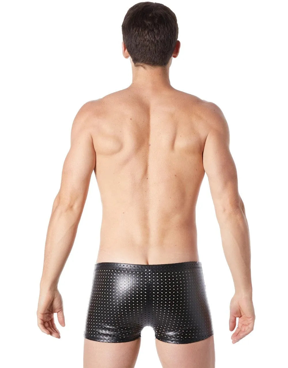 Caleçon moulant homme noir en vinyle avec petits trous, coupe ajustée, matière brillante, style séduisant et moderne.