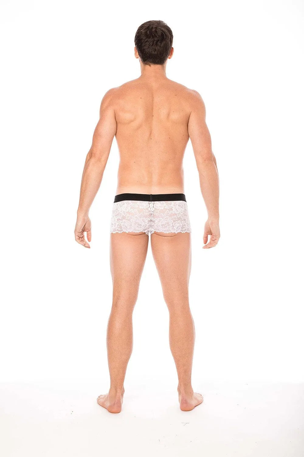 Boxer homme en dentelle blanche florale, poche opaque, ceinture noire, ajustement élégant et tendance.