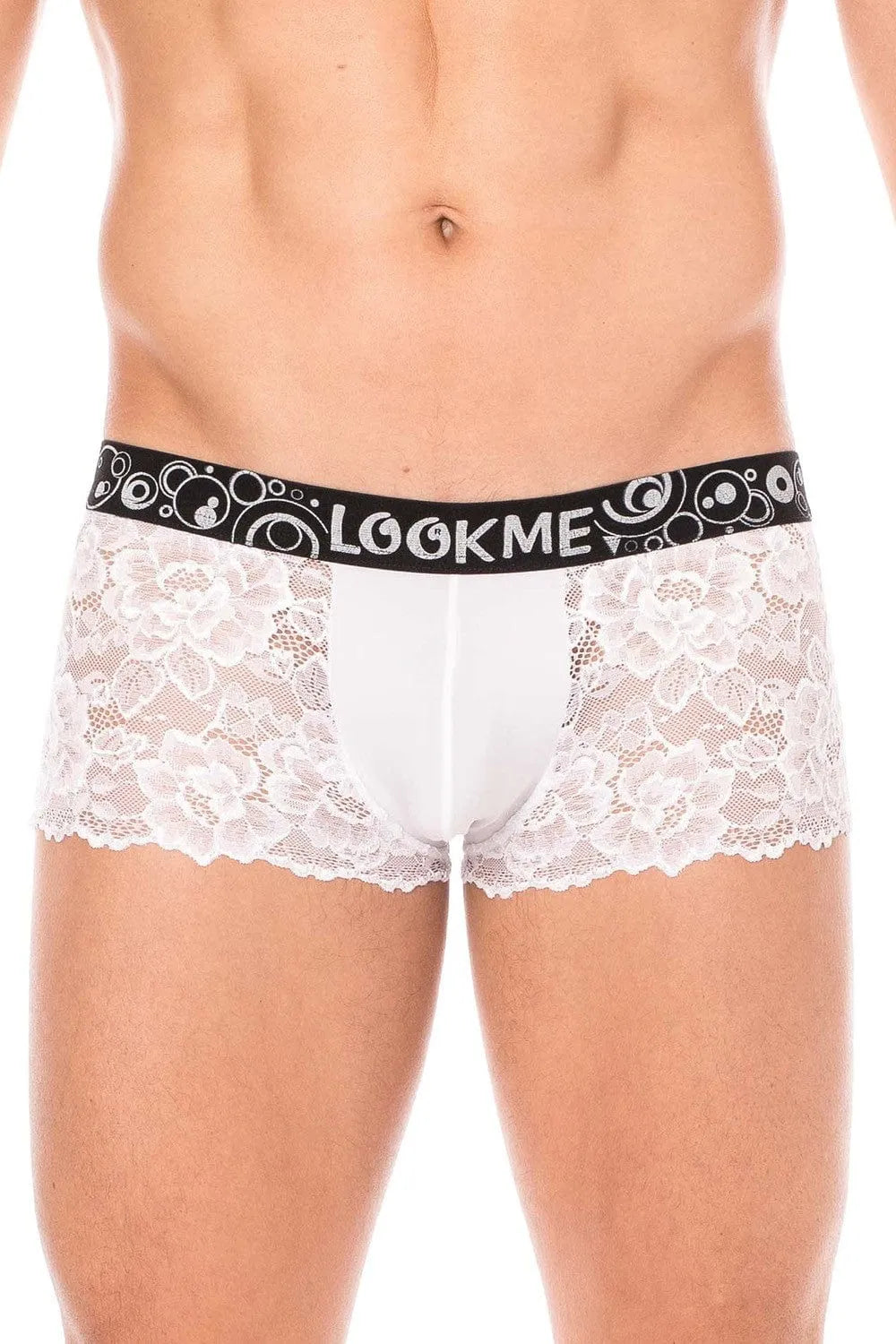 Boxer homme blanc en dentelle florale avec poche opaque, ceinture noire LOOKME, mélange polyester et élasthanne.