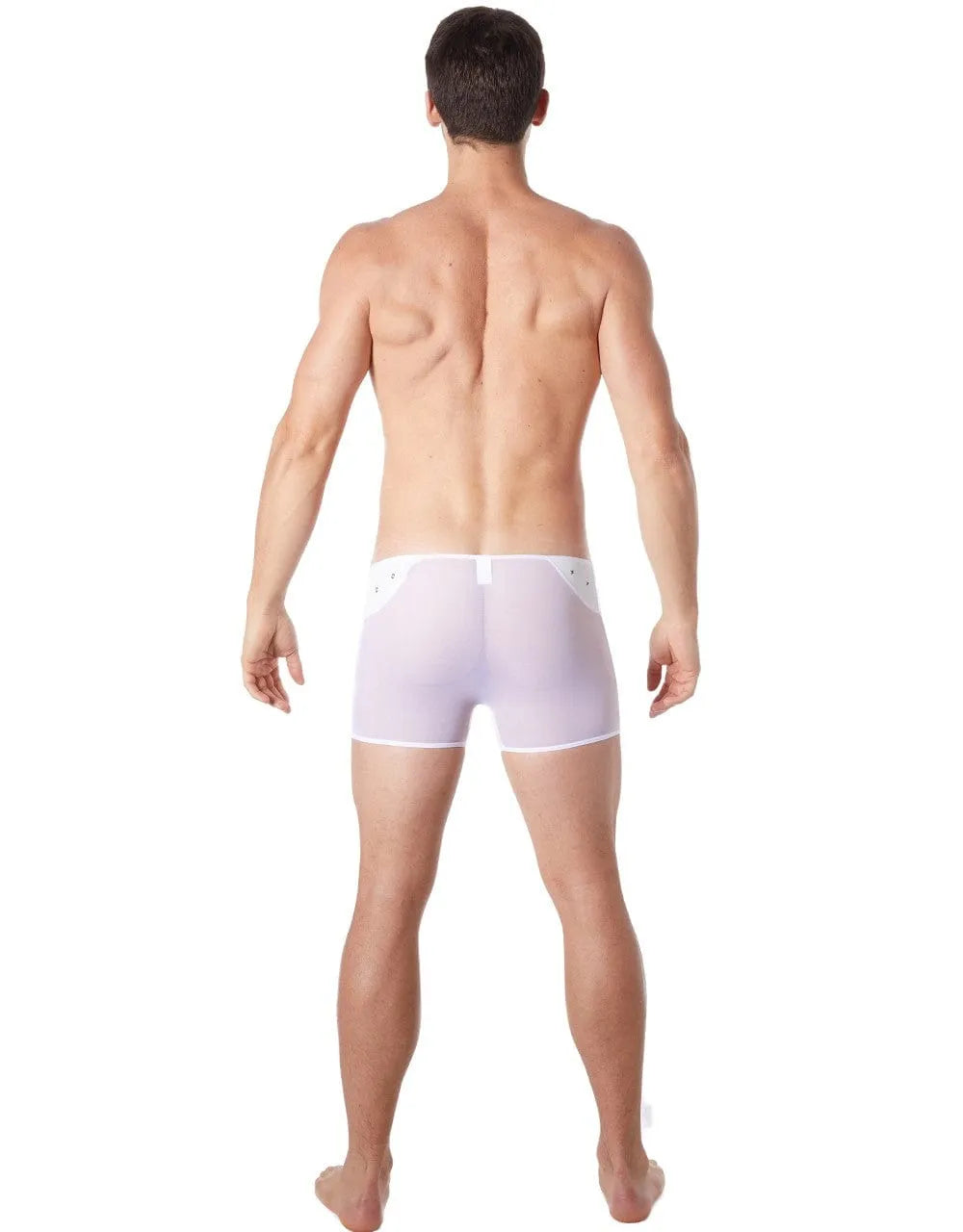 Caleçon sexy blanc transparent en maille fine, détails cuir avec anneaux, polyester et élasthanne, confortable et tendance.