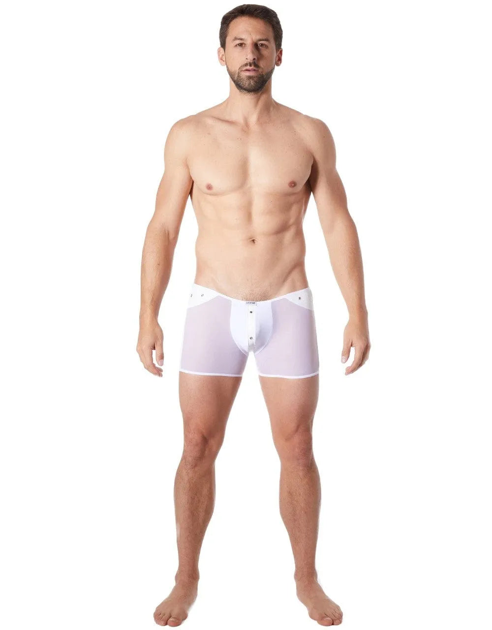 Caleçon sexy blanc transparent en maille fine, détails cuir avec anneaux, polyester et élasthanne, look tendance.