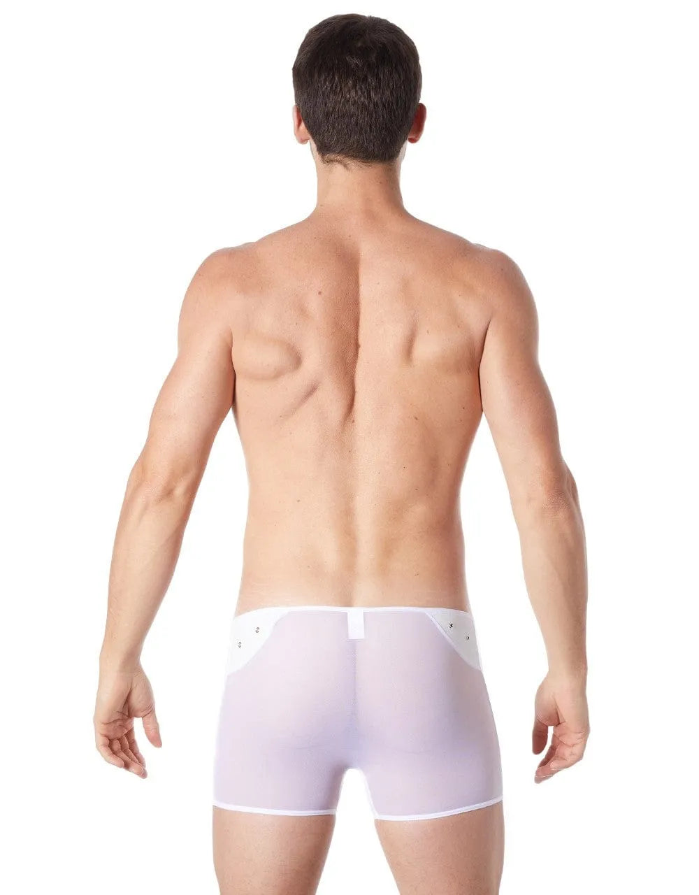 Caleçon sexy blanc en maille fine transparente, style cuir avec anneaux métalliques, polyester et élasthanne.