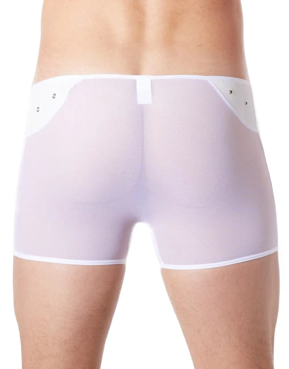 Caleçon sexy blanc en maille fine, détails cuir avec anneaux métalliques, polyester et élasthanne, look tendance et confor...