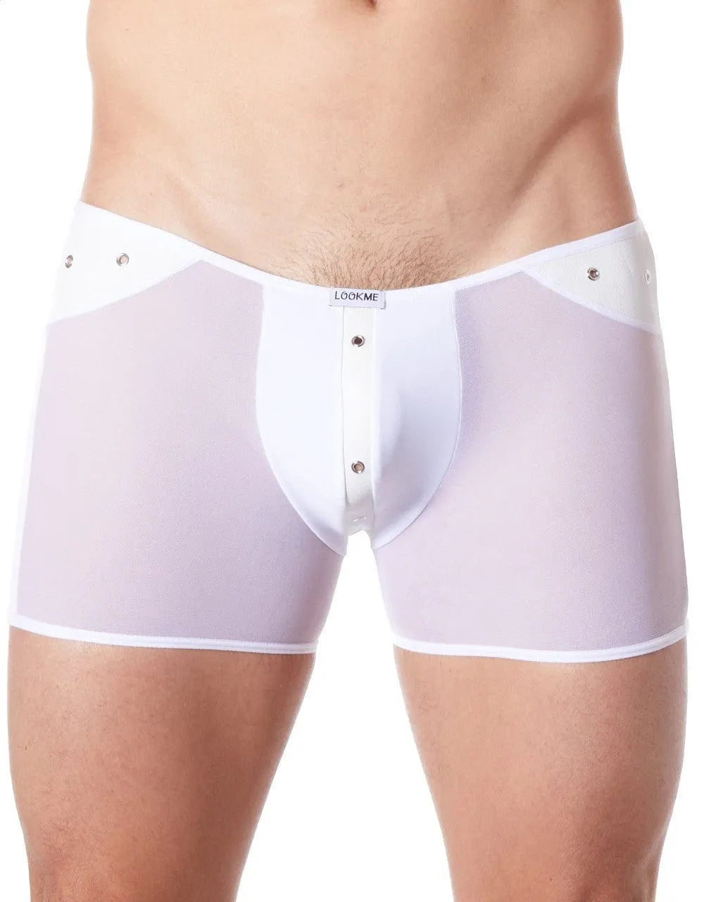 Caleçon sexy blanc en maille transparente avec détails cuir et anneaux, 92% polyester, 8% élasthanne, confortable et tenda...