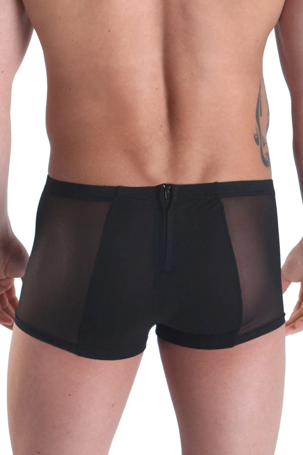 Boxer noir transparent homme avec fermetures éclair avant et arrière, design moderne et confortable.