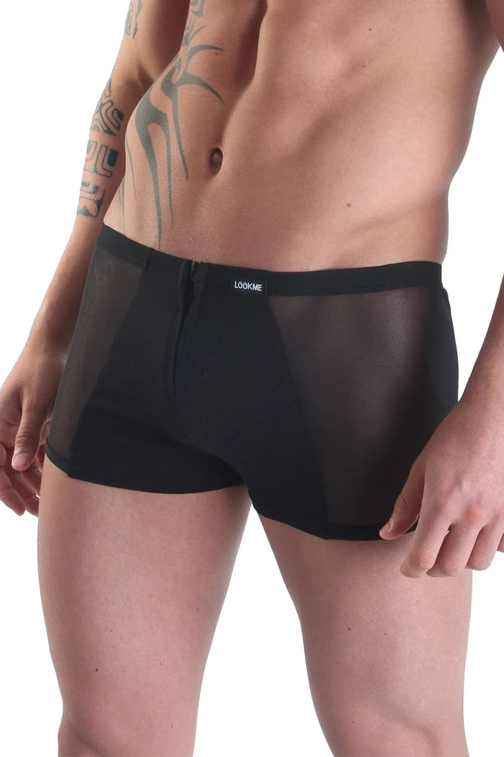 Boxer noir transparent pour homme avec fermetures éclair avant et arrière, design moderne et confortable.