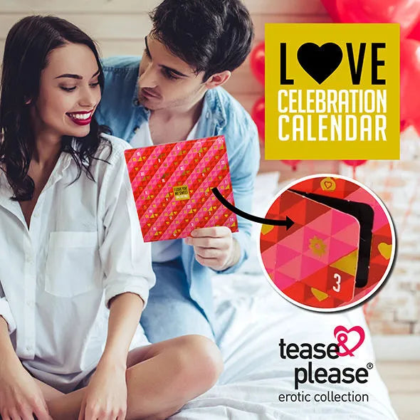 Calendrier de l'Avent romantique pour couples, design rouge et rose, moments intimes, amour, surprises sensuelles.