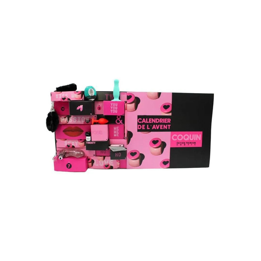 Calendrier de l'Avent érotique 2024, rose et noir, avec tiroirs surprises pour couples, jouets et accessoires intimes.