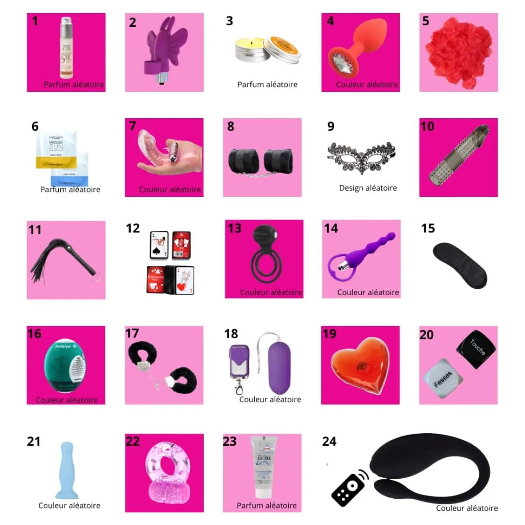 Calendrier de l'Avent érotique 2024, boîte colorée avec 24 surprises sensuelles pour couples, jouets et accessoires inclus.