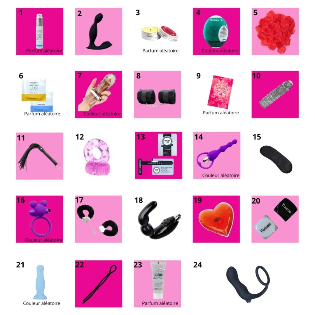 Calendrier de l'Avent Érotique Gay 2024 avec accessoires intimes sur fond rose, surprises sensuelles quotidiennes.
