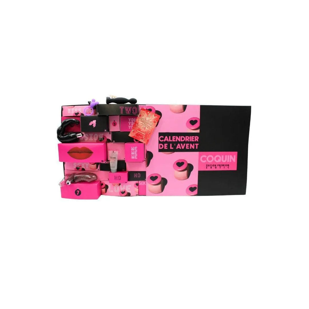 Calendrier de l'Avent Érotique Gay 2024, boîte noire et rose avec surprises sensuelles, accessoires et cosmétiques intimes.
