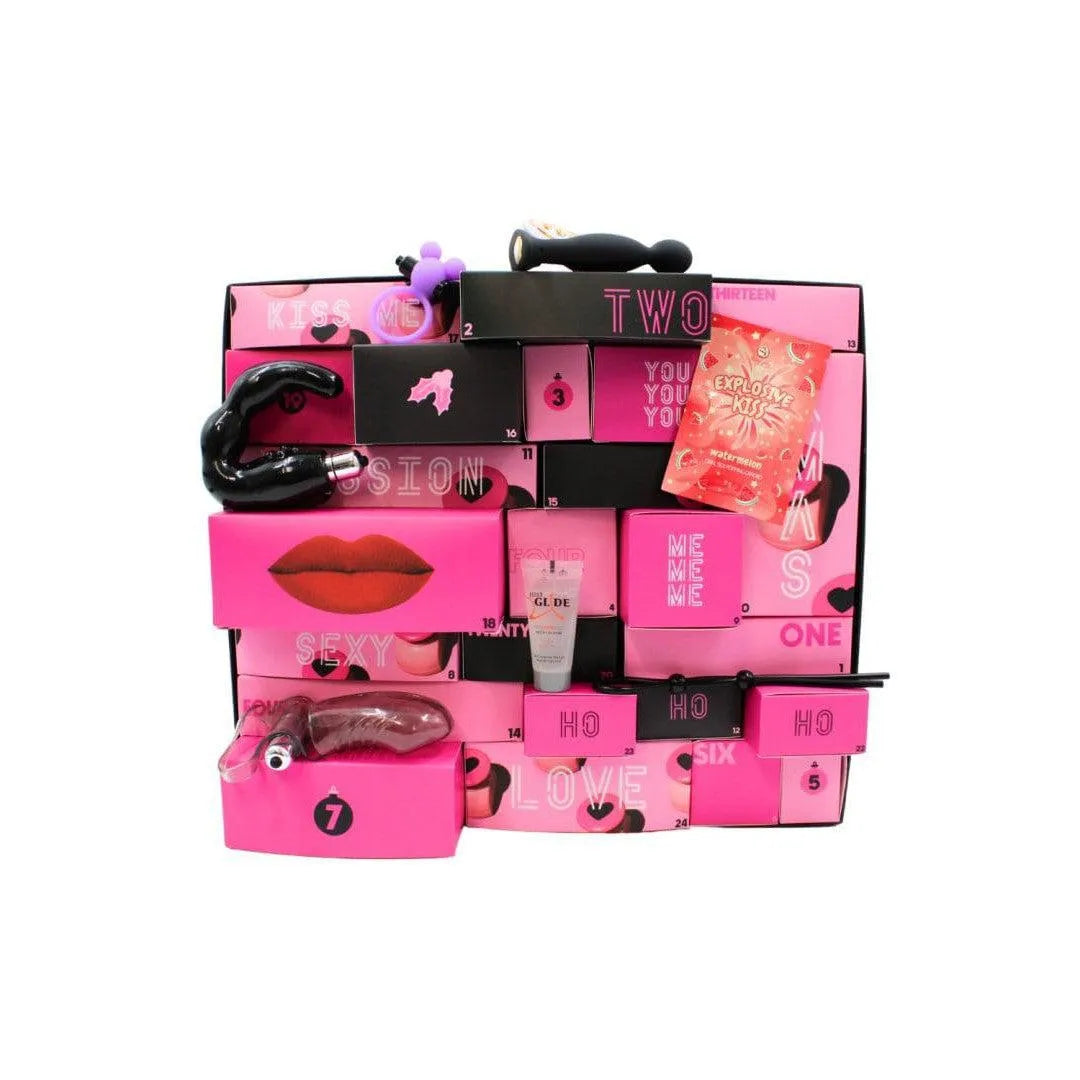 Calendrier de l'Avent Érotique Gay 2024 rose et noir avec accessoires intimes et cosmétiques, 24 surprises sensuelles.
