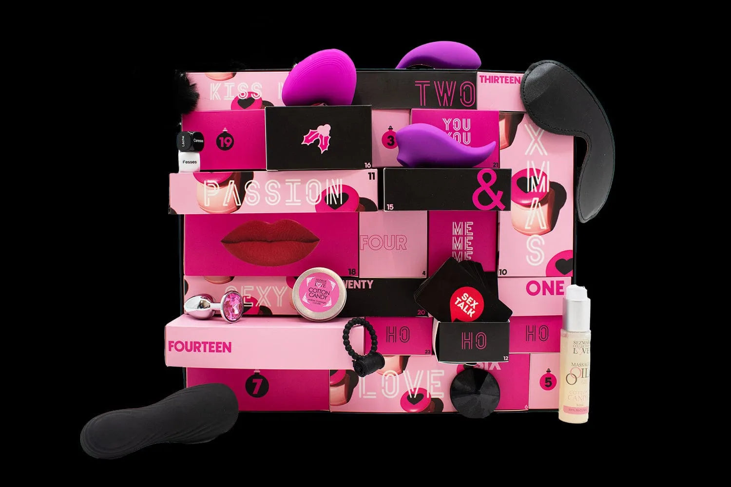 Calendrier de l'Avent Érotique Premium 2023, rose et noir, 24 cases surprises sensuelles, design audacieux et moderne.
