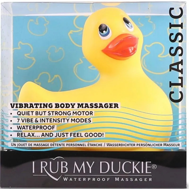 Canard de massage vibrant jaune étanche, 7 modes, design ludique, relaxation sous la douche ou bain.