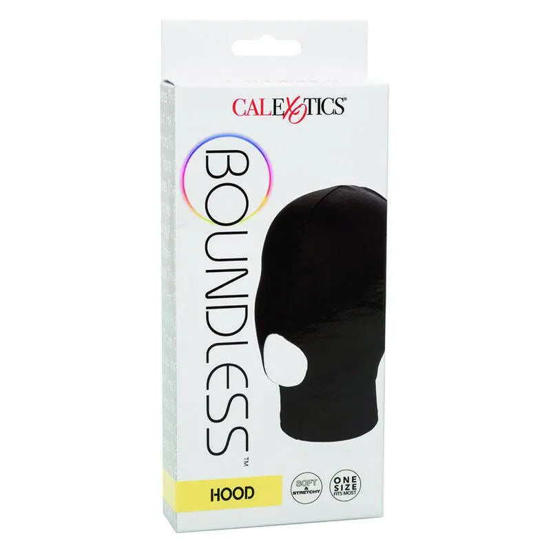 Capuche érotique noire à bouche ouverte, tissu respirant, extensible, emballage blanc avec texte et logo coloré.