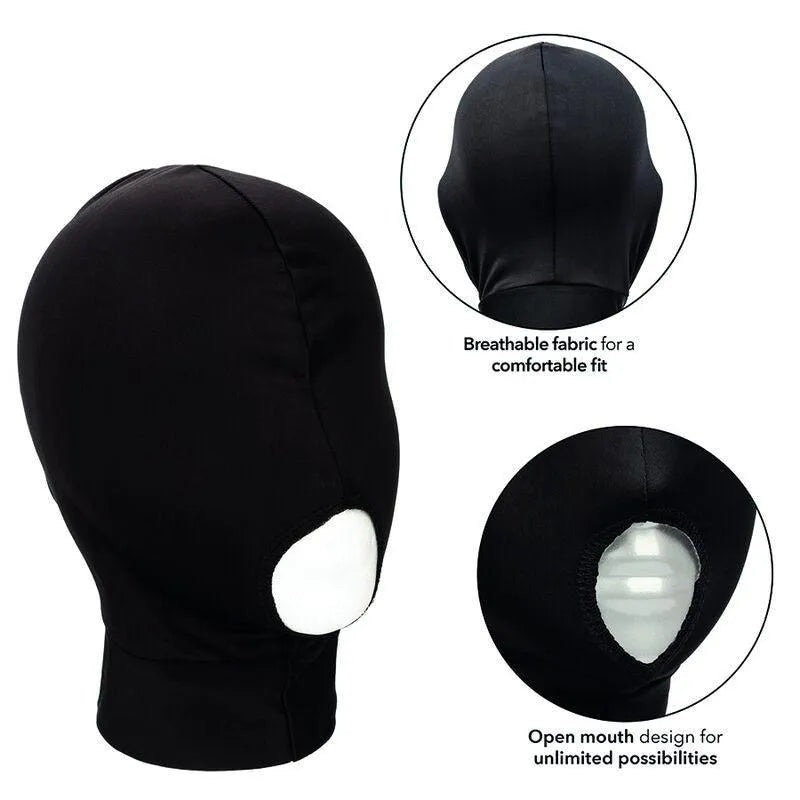 Capuche noire érotique à bouche ouverte, tissu respirant, ajustable, pour expériences sensorielles et interactions sensuel...
