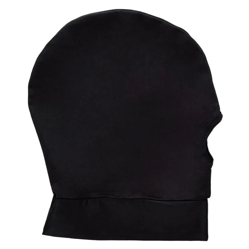 Capuche noire érotique à bouche ouverte, tissu respirant et extensible, design sensuel pour expériences sensorielles.