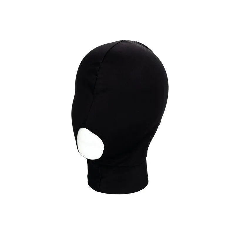 Capuche noire érotique à bouche ouverte, tissu respirant, extensible, pour exploration sensorielle.