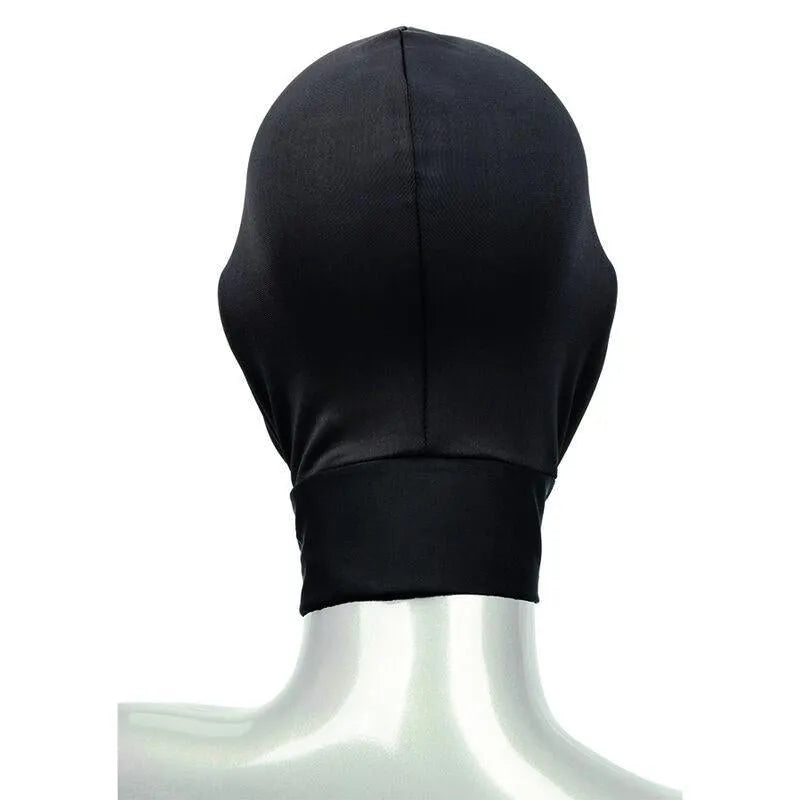 Capuche noire érotique à bouche ouverte, tissu respirant et extensible, ajustement confortable pour exploration sensorielle.