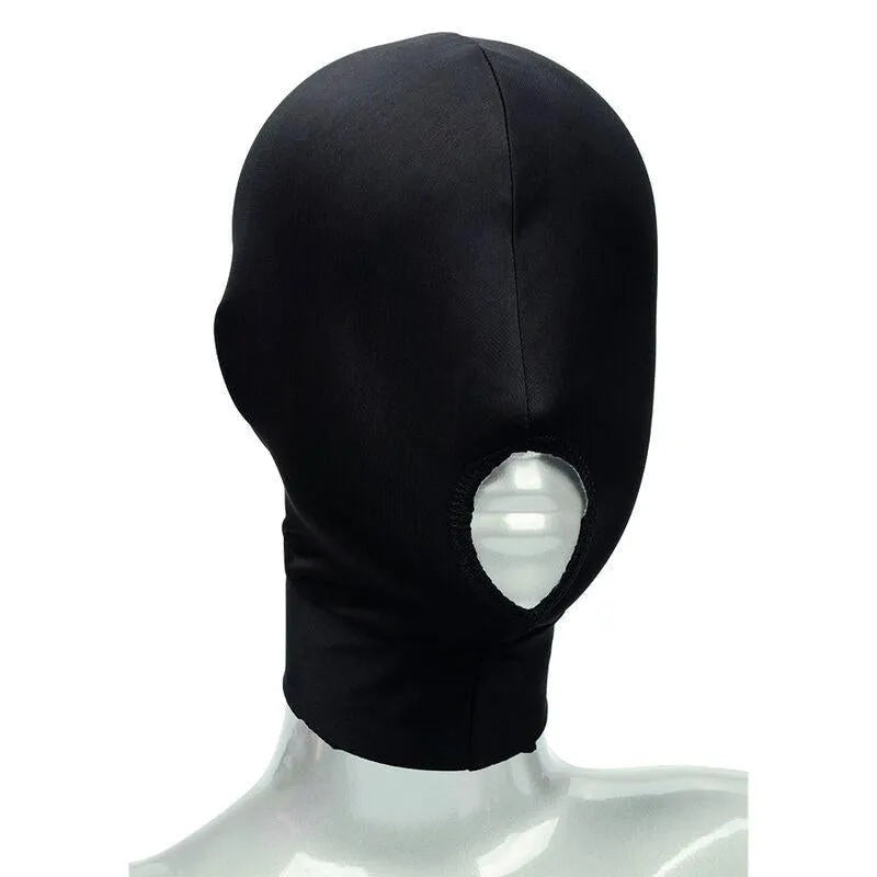 Capuche noire érotique à bouche ouverte, tissu respirant, extensible, pour expériences sensorielles et confort optimal.
