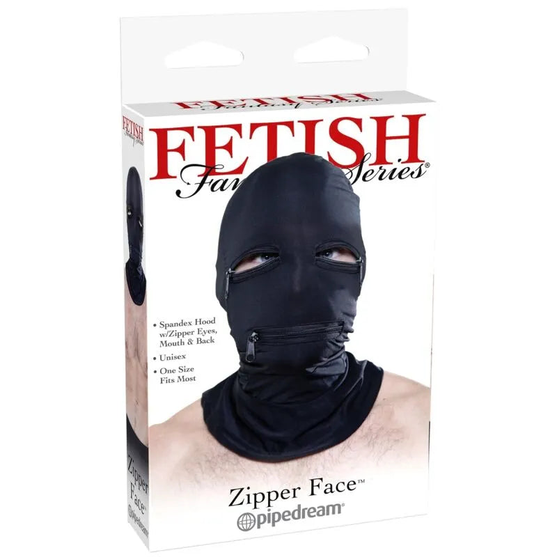 Capuche BDSM noire en polyester élasthanne avec fermetures éclair sur yeux et bouche, emballage visible.