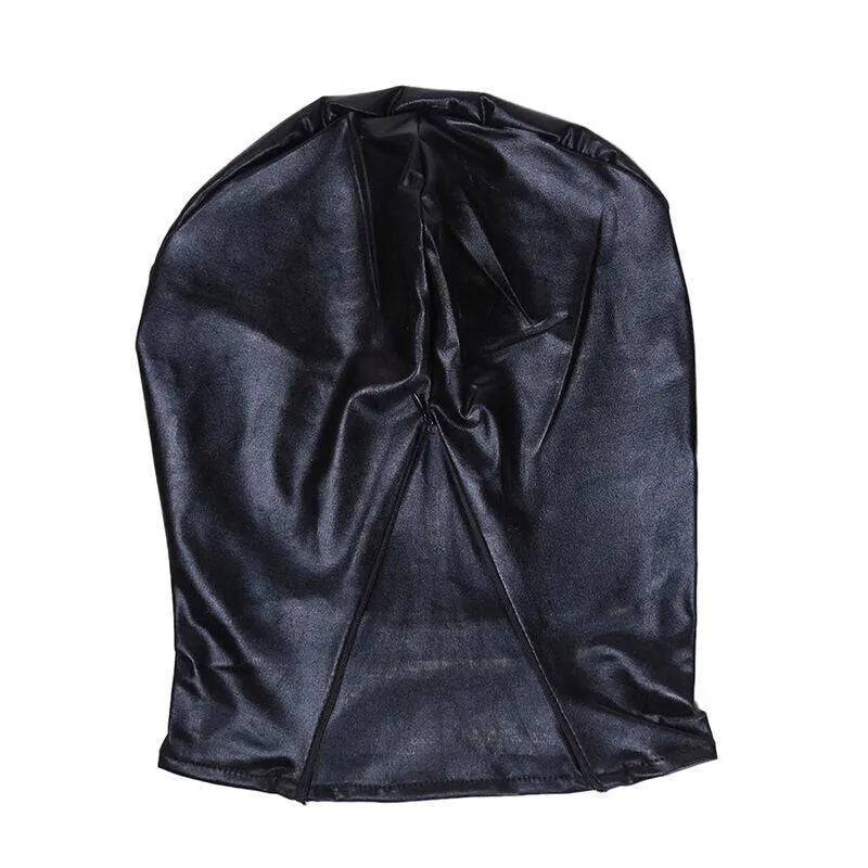 Casquette fétichiste noire sans trou, en polyester et PVC, design sensuel et audacieux pour expériences sensorielles.