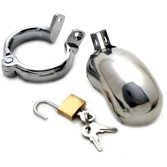 Ceinture de chasteté BDSM en acier inoxydable avec cadenas et clés, design sécurisé et ergonomique.
