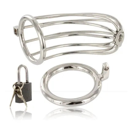 Ceinture de chasteté en acier inoxydable, design cage, anneau et cadenas, pour contrôle et soumission BDSM.