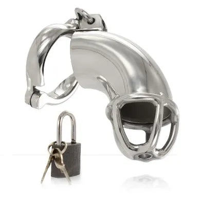Ceinture de chasteté BDSM en acier inoxydable, design ergonomique et sécurisé, avec cadenas et clés inclus.