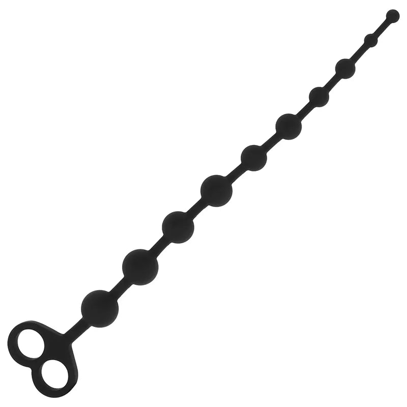Chaîne anale noire en silicone médical, 30 cm, perles progressives, poignée ergonomique, flexible et sécurisée.
