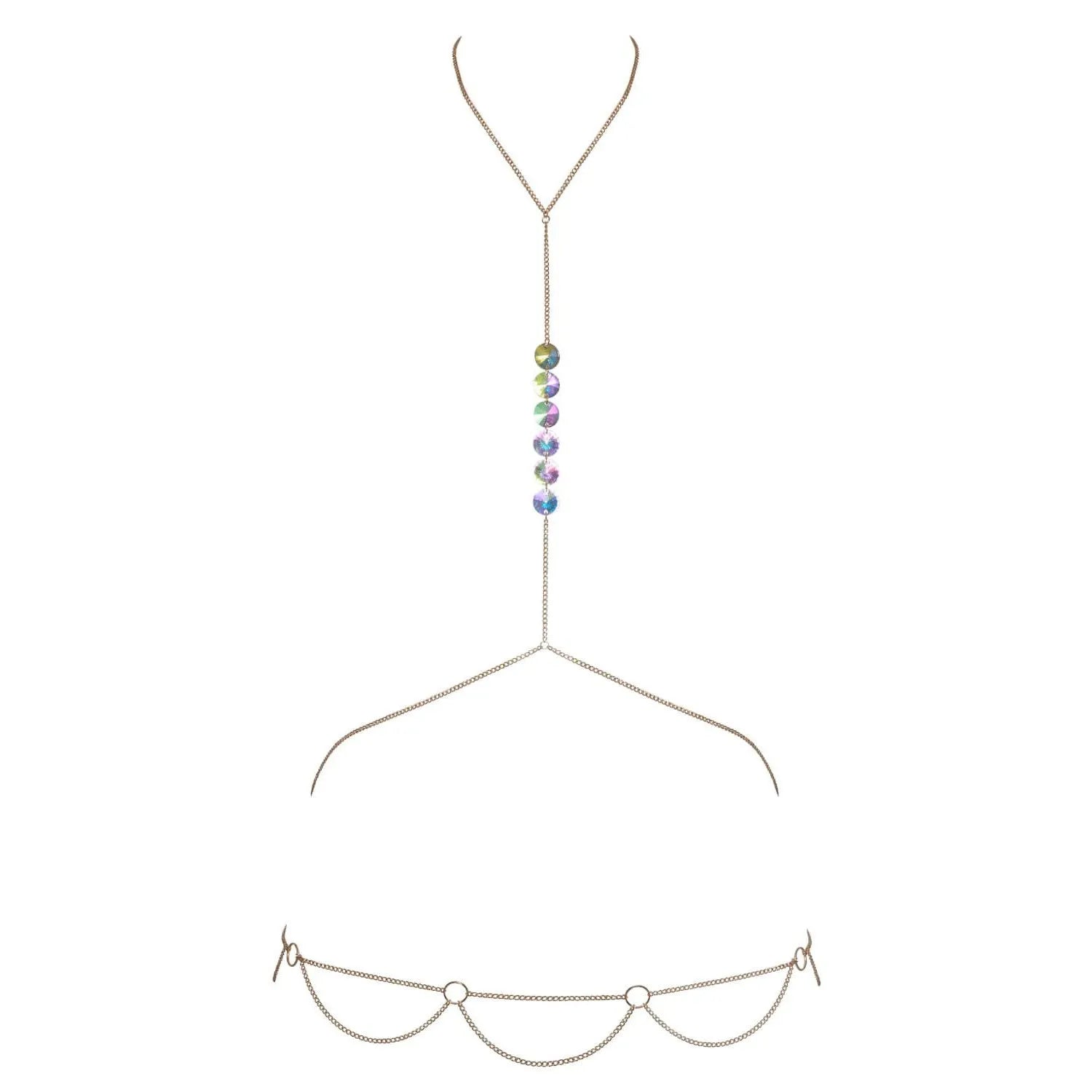 Chaîne de corps dorée avec paillettes holographiques irisées, ornée de strass, élégante et ajustable pour le cou et la tai...
