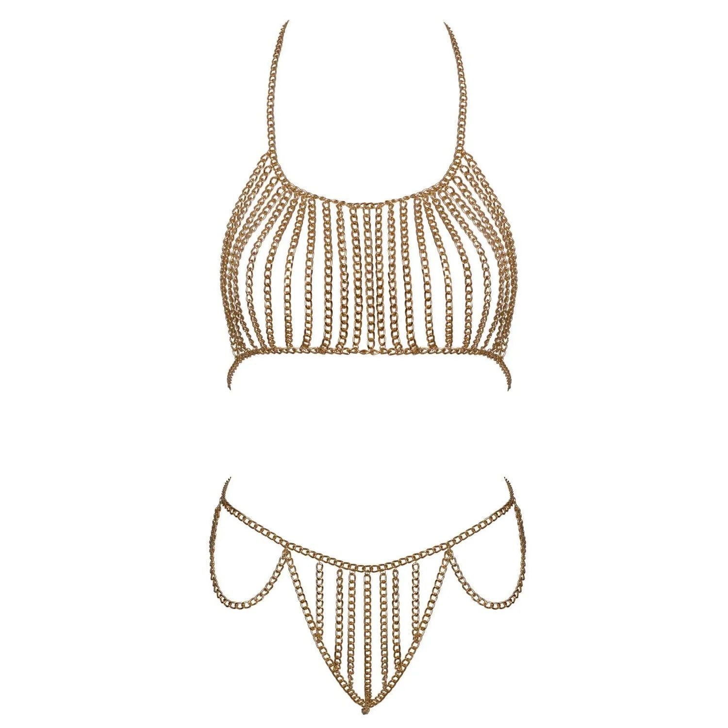 Chaîne de lingerie érotique dorée ajustable, design élégant, chaînes délicates, mise en valeur sensuelle du corps.