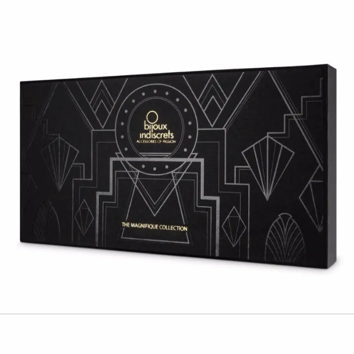 Chaînes dorées érotiques réglables, sans nickel, inspirées des cabarets, dans un élégant coffret noir art déco.