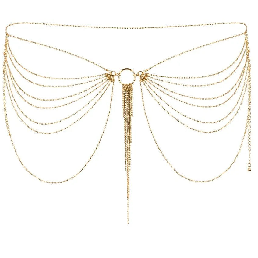 Chaînes dorées réglables sans nickel, inspirées des cabarets, ajoutant glamour et érotisme à toute tenue.