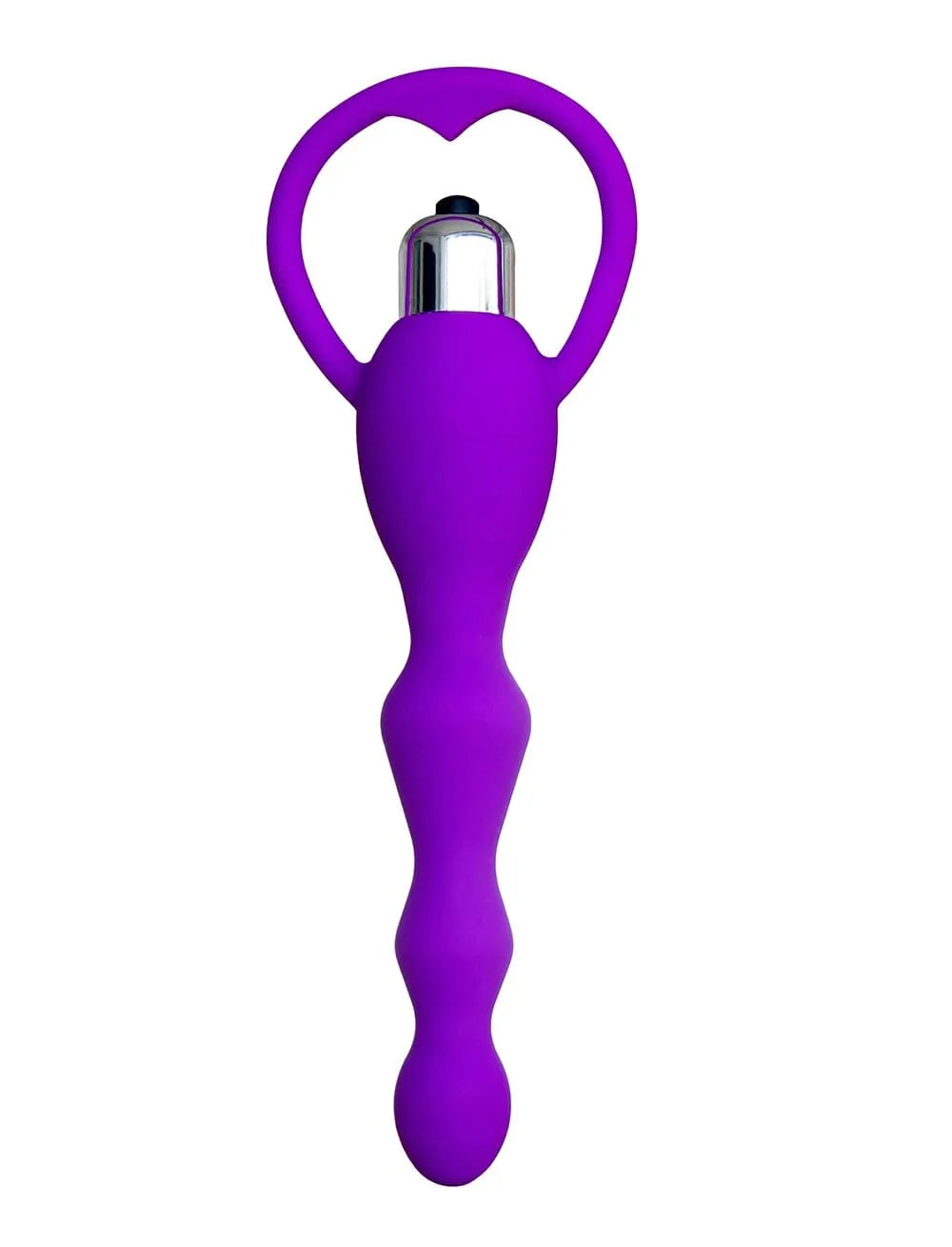 Chapelet anal violet ondulé avec poignée et bullet vibrant, en silicone médical, 17 cm de long, pour plaisir intime.