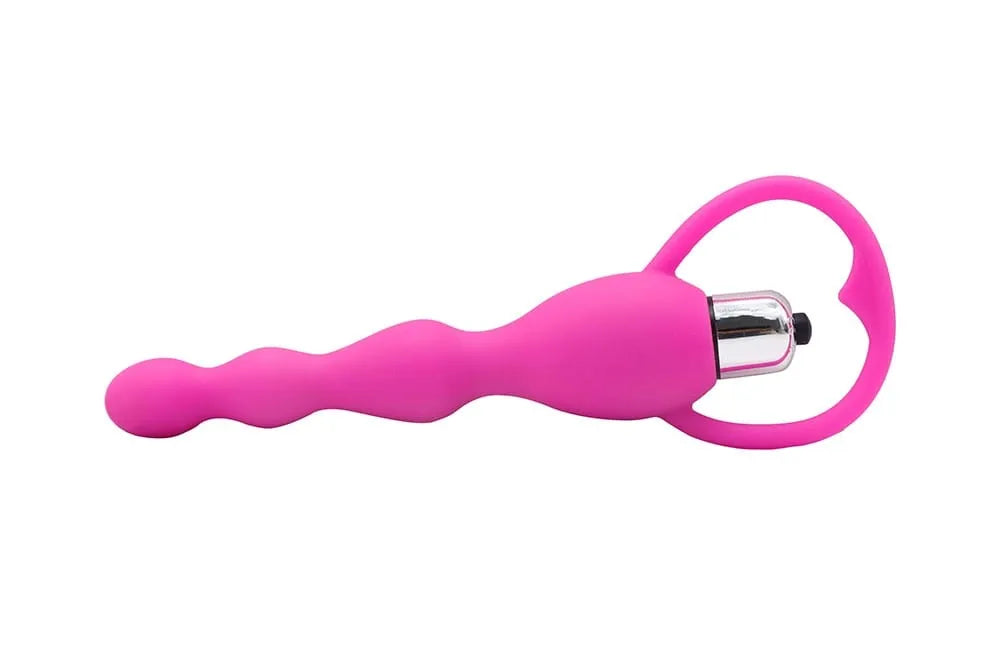 Chapelet anal vibrant rose en silicone avec poignée, design ondulé, bullet intégré, 17 cm, plaisir intense.