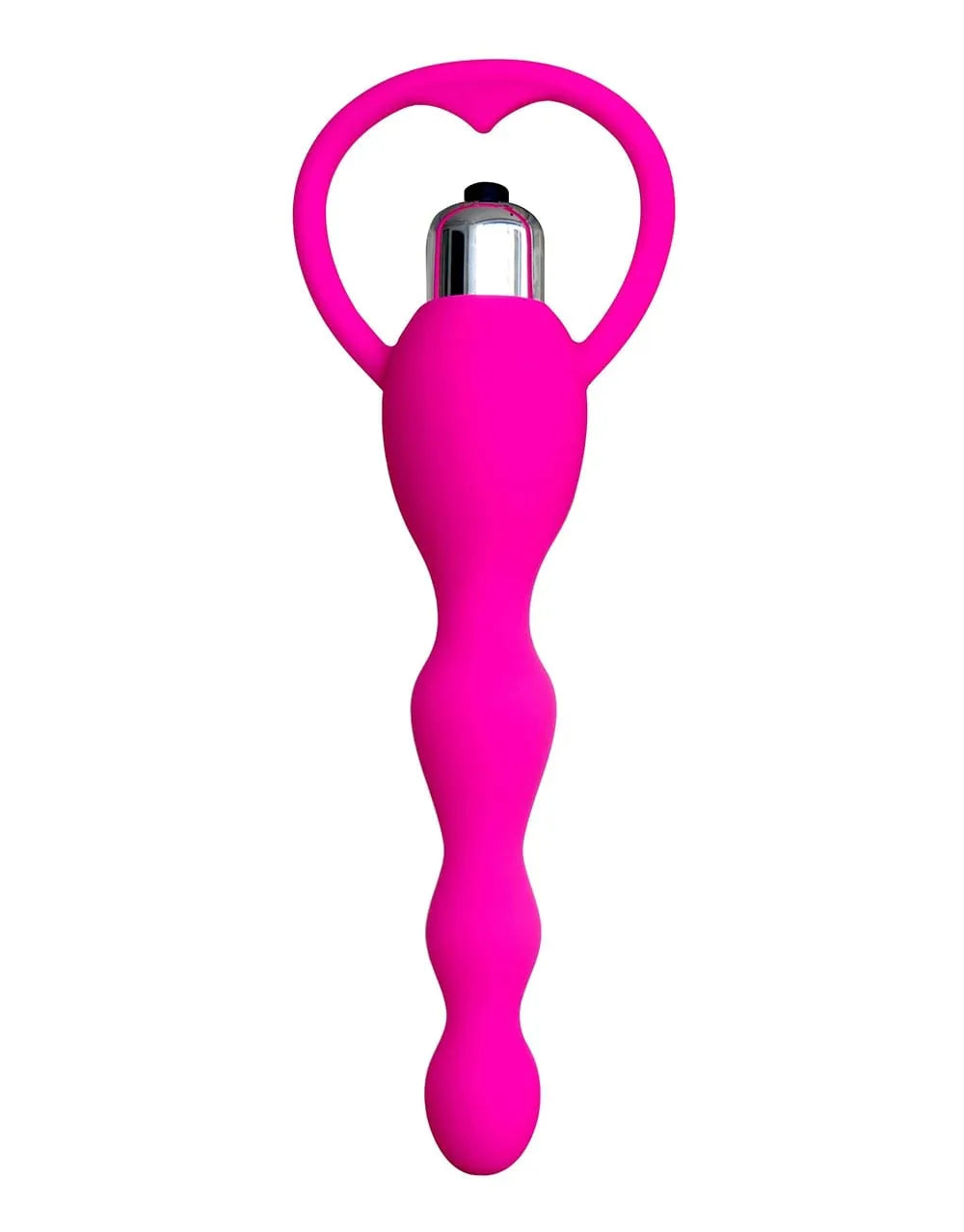 Chapelet anal vibrant rose en silicone ondulé avec poignée en forme de cœur et bullet intégré pour sensations intenses.