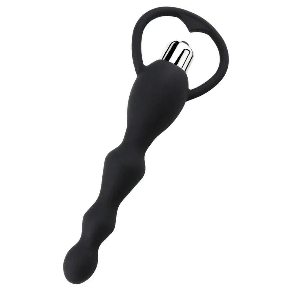Chapelet anal noir ondulé avec poignée en silicone médical, vibrant, 17 cm, diamètre 1-3 cm, pour plaisir intense.