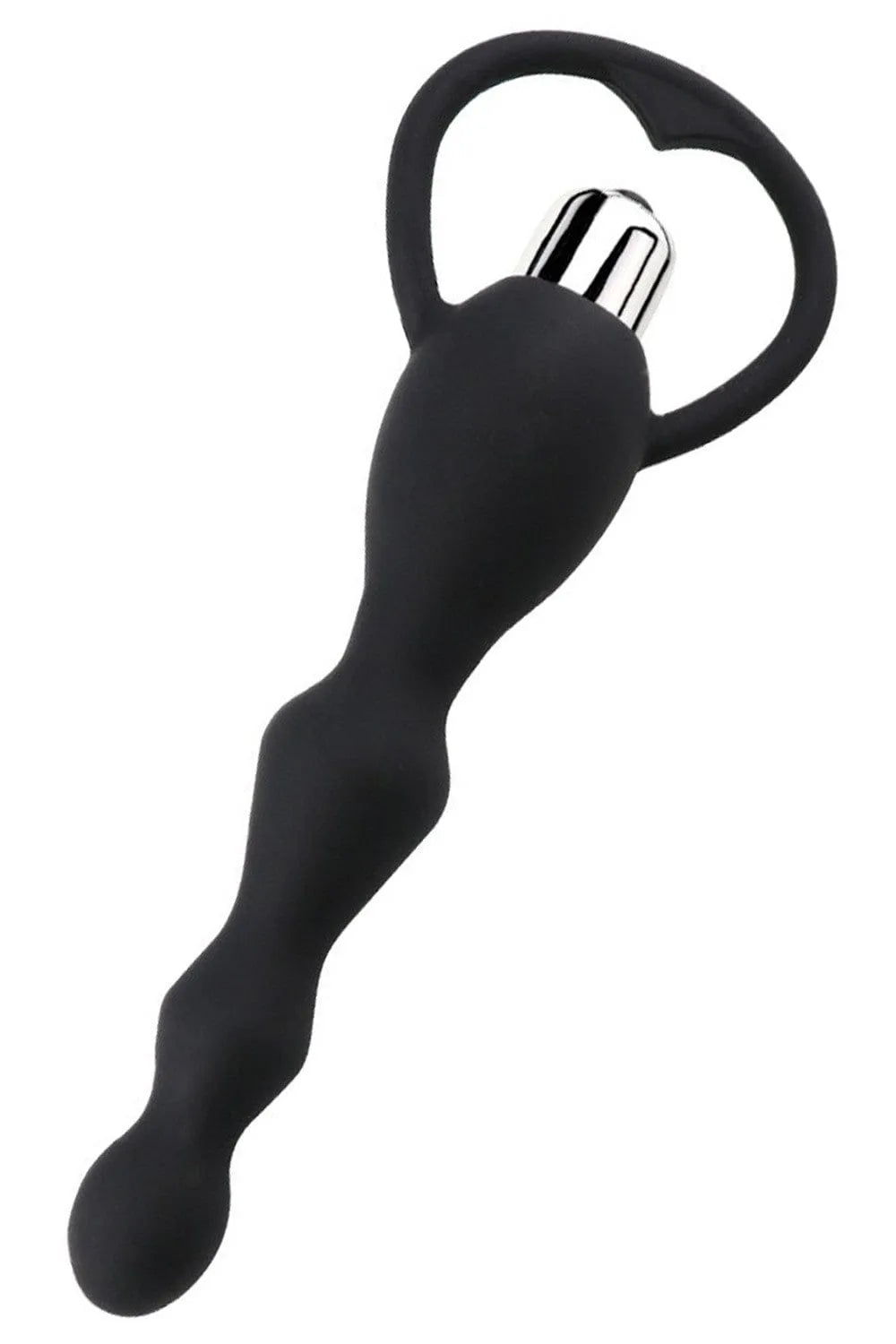 Chapelet anal noir ondulé en silicone avec poignée et bullet vibrant, 17 cm, pour plaisir intense.