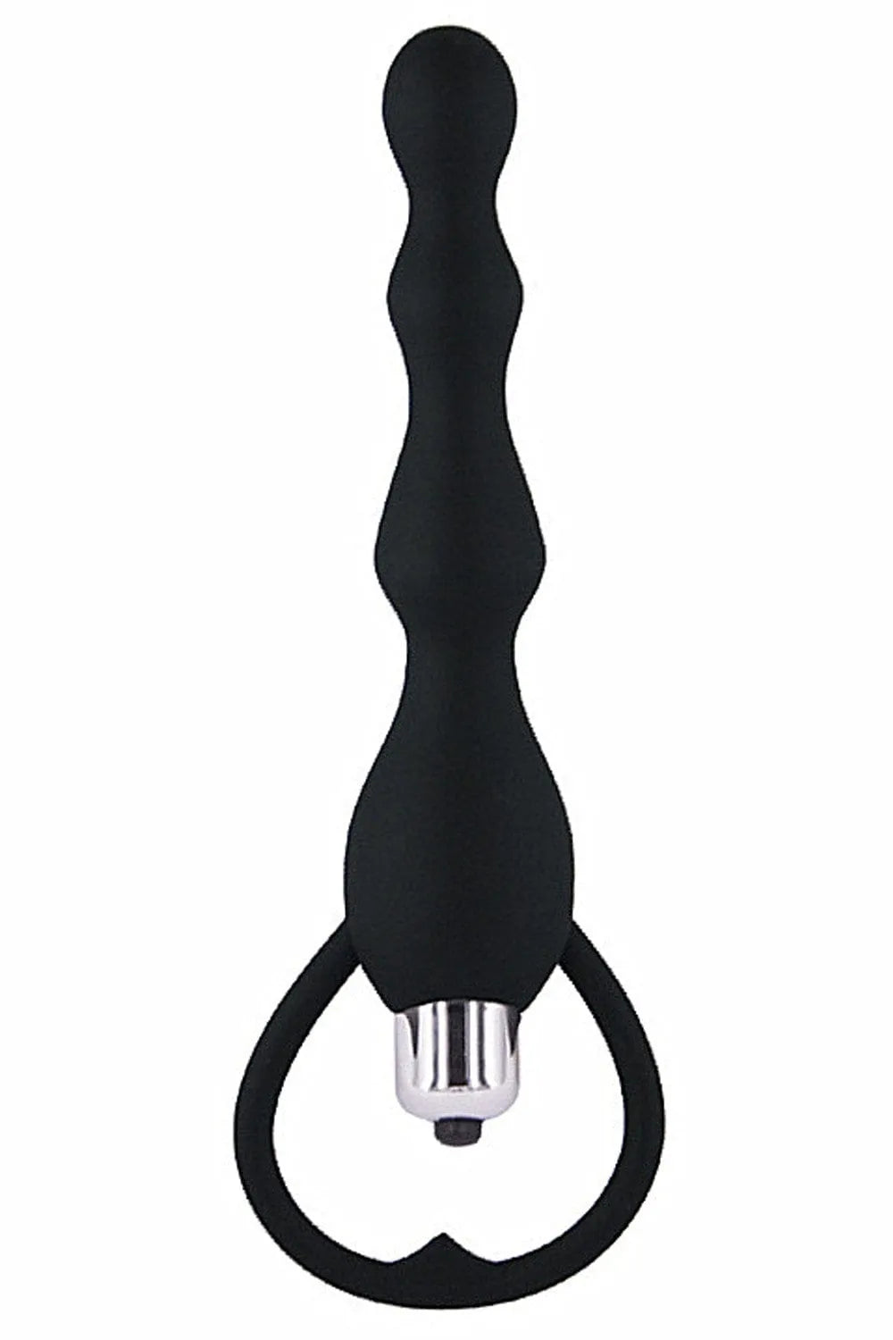 Chapelet anal noir ondulé avec poignée, vibrant, en silicone médical, 17 cm, diamètre 1-3 cm, piles incluses.