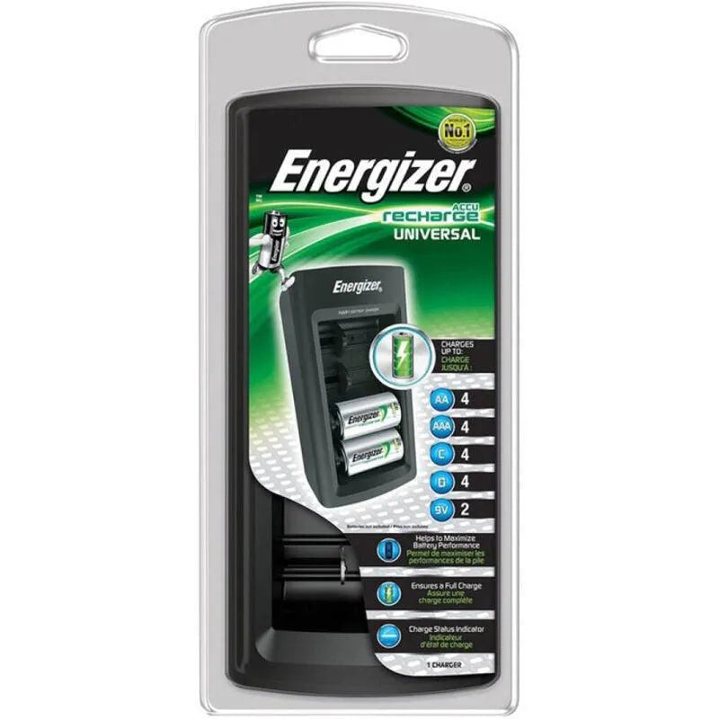 Chargeur Universel Energizer noir pour piles AA, AAA, C, D, 9V, avec indicateur de charge, emballage transparent.